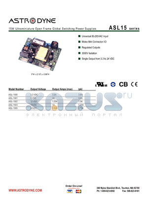 ASL-1501 datasheet - 15W Ultraminiature Open Frame Global Switching Power Supplies