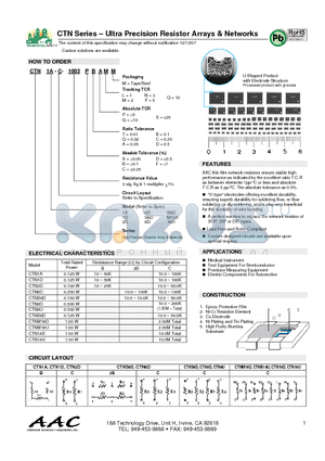 CTN1D-C-1003CDXLM datasheet - Ultra Precision Resistor Arrays & Networks