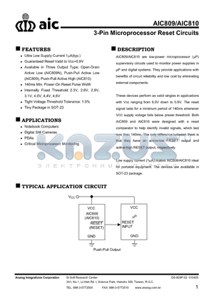 AIC809-23PUBG datasheet - 3-PIN MICROPROCESSOR RESET CIRCUITS