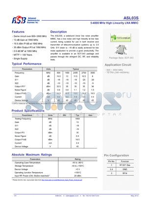 ASL03S datasheet - 5-4000 MHz High Linearity LNA MMIC