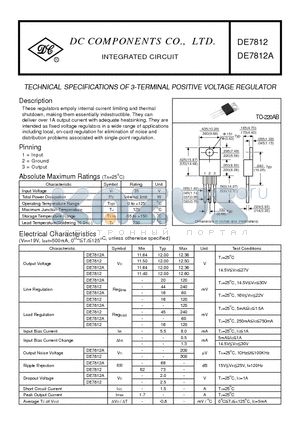 DE7812A datasheet - TECHNICAL SPECIFICATIONS OF 3-TERMINAL POSITIVE VOLTAGE REGULATOR