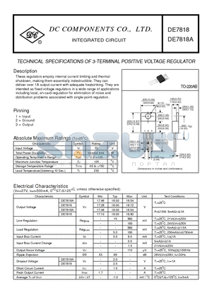 DE7818 datasheet - TECHNICAL SPECIFICATIONS OF 3-TERMINAL POSITIVE VOLTAGE REGULATOR