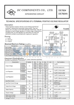 DE7824 datasheet - TECHNICAL SPECIFICATIONS OF 3-TERMINAL POSITIVE VOLTAGE REGULATOR