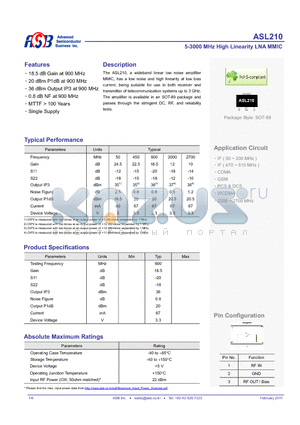 ASL210 datasheet - 5-3000 MHz High Linearity LNA MMIC