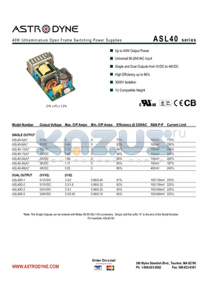 ASL40-9 datasheet - 40W Ultraminiature Open Frame Switching Power Supplies