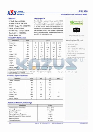 ASL360 datasheet - Wideband Linear Amplifier MMIC