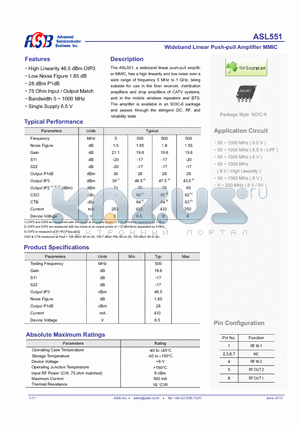 ASL551 datasheet - Wideband Linear Push-pull Amplifier MMIC