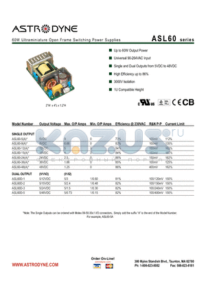 ASL60-15 datasheet - 60W Ultraminiature Open Frame Switching Power Supplies