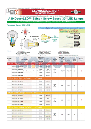 DEC1-A19-0UR-024V datasheet - Direct Incandescent Replacement -- Up to 90% Energy Savings A19 DecorLED Edison Screw Based 30j LED Lamps