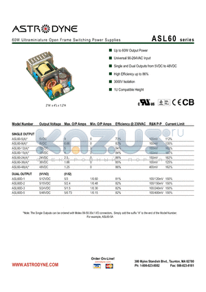 ASL60-48 datasheet - 60W Ultraminiature Open Frame Switching Power Supplies