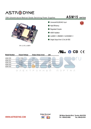 ASM-1505 datasheet - 15W Ultraminiature Medical Grade Switching Power Supplies