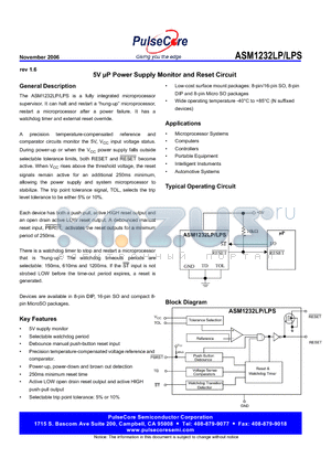 ASM1232LPF datasheet - 5V lP Power Supply Monitor and Reset Circuit