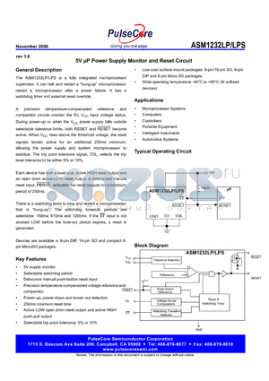 ASM1232LPN datasheet - 5V lP Power Supply Monitor and Reset Circuit