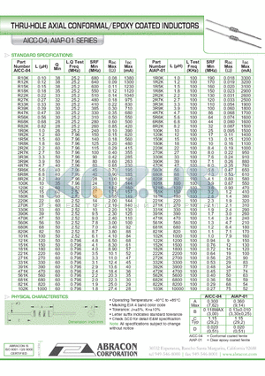 AICC-04 datasheet - THRU-HOLE AXIAL CONFORMAL/EPOXY COATED INDUCTORS