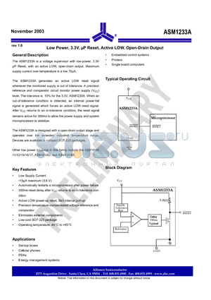 ASM1233A datasheet - Low Power, 3.3V, uP Reset, Active LOW, Open-Drain Output