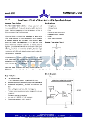 ASM1233D datasheet - Low Power, 5V/3.3V, uP Reset, Active LOW, Open-Drain Output