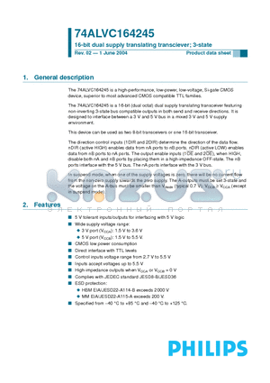 74ALVC164245DGG datasheet - 16-bit dual supply translating transciever; 3-state