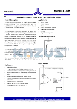 ASM1233D-LZ-5F datasheet - Low Power, 5V/3.3V, uP Reset, Active LOW, Open-Drain Output