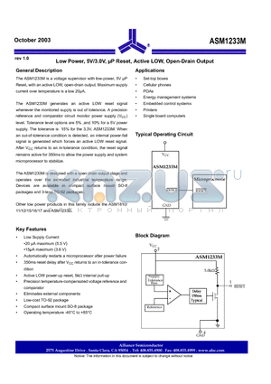 ASM1233M-3/S datasheet - Low Power, 5V/3.0V, uP Reset, Active LOW, Open-Drain Output