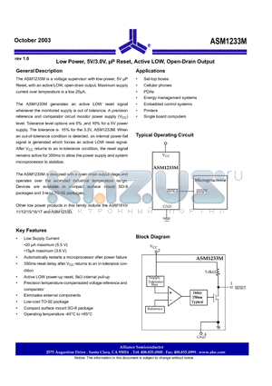 ASM1233MS-5/S datasheet - Low Power, 5V/3.0V, uP Reset, Active LOW, Open-Drain Output