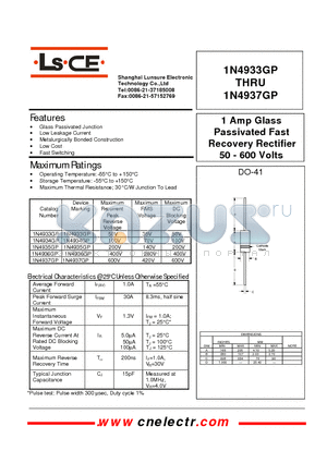 1N4933GP datasheet - 1 Amp Glass Passivated Fast Recovery Rectifier