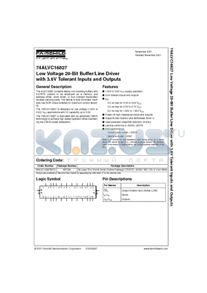 74ALVC16827 datasheet - Low Voltage 20-Bit Buffer/Line Driver with 3.6V Tolerant Inputs and Outputs