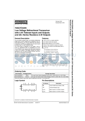 74ALVC2245MTC datasheet - Low Voltage Bidirectional Transceiver with 3.6V Tolerant Inputs and Outputs and 26ohm Series Resistors in B Outputs
