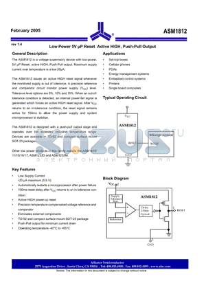 ASM1812-5F/T datasheet - Low Power 5V uP Reset Active HIGH, Push-Pull Output