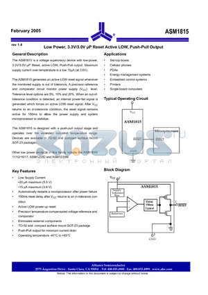 ASM1815 datasheet - Low Power, 3.3V/3.0V uP Reset Active LOW, Push-Pull Output