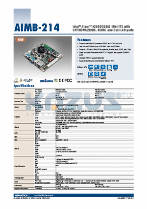 AIMB-214 datasheet - Intel^ Atom N2600/D2550 Mini-ITX with CRT/HDMI/2LVDS, 6COM, and Dual LAN ports