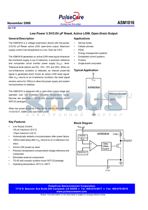 ASM1816 datasheet - Low Power 3.3V/3.0V lP Reset, Active LOW, Open-Drain Output