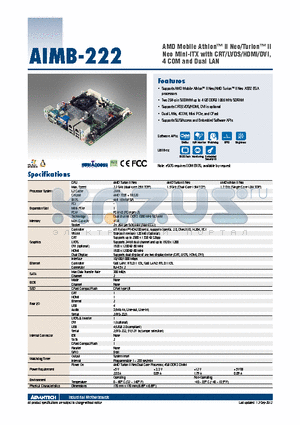 AIMB-222G2-S0A1E datasheet - AMD Mobile Athlon II Neo/Turion II Neo Mini-ITX with CRT/LVDS/HDMI/DVI, 4 COM and Dual LAN