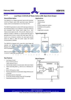 ASM1816-10 datasheet - Low Power 3.3V/3.0V uP Reset, Active LOW, Open-Drain Output