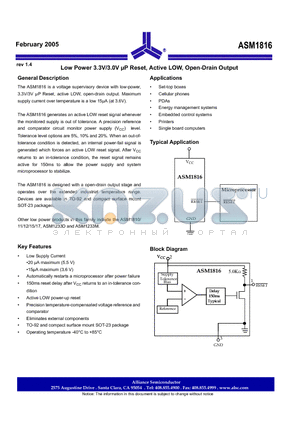 ASM1816-10F datasheet - Low Power 3.3V/3.0V uP Reset, Active LOW, Open-Drain Output