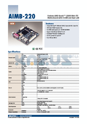 AIMB-220F-Q0A1E datasheet - Fanless AMD Geode LX800 Mini-ITX Motherboard with 4 COM and Dual LAN