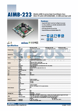 AIMB-223G2-S2A1E datasheet - Mobile AMD G-series Dual Core/Single Core Mini-ITX with CRT/LVDS/HDMI, 6 COM and Dual LAN