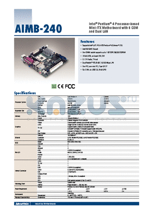 AIMB-240 datasheet - Intel^ Pentium^ 4 Processor-based Mini-ITX Motherboard with 6 COM and Dual LAN