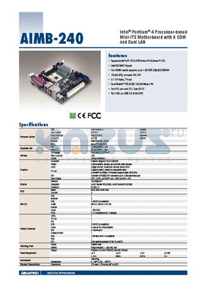 AIMB-240F-00A1E datasheet - Intel^ Pentium^ 4 Processor-based Mini-ITX Motherboard with 6 COM and Dual LAN