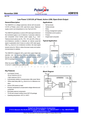 ASM1816R-20F datasheet - Low Power 3.3V/3.0V lP Reset, Active LOW, Open-Drain Output