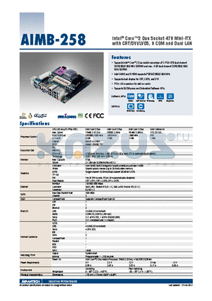 AIMB-258_12 datasheet - Intel^ Core2 Duo Socket 479 Mini-ITX with CRT/DVI/LVDS, 6 COM and Dual LAN