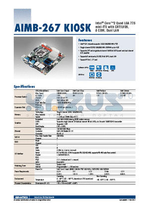 AIMB-267KIOSK datasheet - Intel^ Core2 Quad LGA 775 mini-ITX with CRT/LVDS, 8 COM, Dual LAN