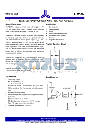 ASM1817-10F/T datasheet - Low Power, 3.3V/3.0V uP Reset, Active HIGH, Push-Pull Output