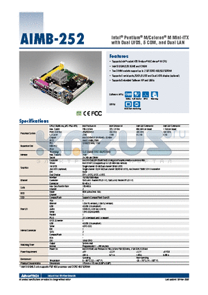 AIMB-252G2-00A1E datasheet - Intel^ Pentium^ M/Celeron^ M Mini-ITX with Dual LVDS, 5 COM, and Dual LAN