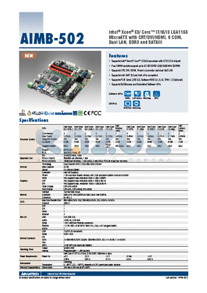 AIMB-502QG2-00A1E datasheet - Intel^ Xeon^ E3/ Core i7/i5/i3 LGA1155 MicroATX with CRT/DVI/HDMI, 6 COM, Dual LAN, DDR3 and SATAIII