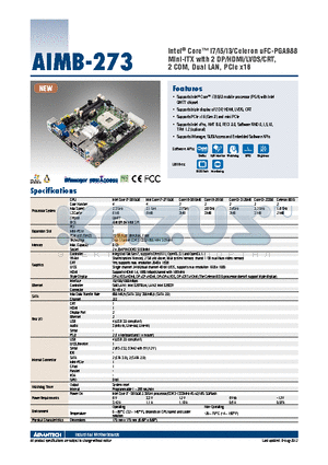 AIMB-273 datasheet - Intel^ Core i7/i5/i3/Celeron uFC-PGA988 Mini-ITX with 2 DP/HDMI/LVDS/CRT, 2 COM, Dual LAN, PCIe x16