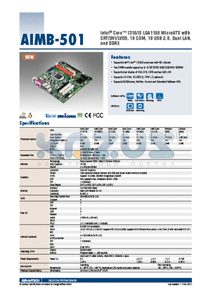 AIMB-501G2-KSA1E datasheet - Intel^ Core i7/i5/i3 LGA1155 MicroATX with CRT/DVI/LVDS, 10 COM, 10 USB 2.0, Dual LAN, and DDR3