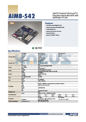 AIMB-542 datasheet - LGA775 Pentium^ 4/Celeron^ D Processor-based MicroATX with AGP/Single FE LAN