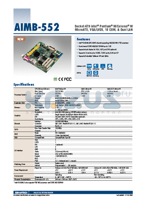 AIMB-552 datasheet - Socket 479 Intel^ Pentium^ M/Celeron^ M MicroATX, VGA/LVDS, 10 COM, & Dual LAN