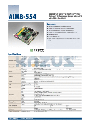 AIMB-554 datasheet - Socket 478 Core 2 Duo/Core Duo/ Celeron^ M Processor-based MicroATX with DDR2/Dual LAN