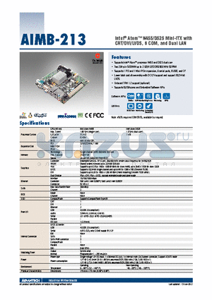 AIMB-213N-S6A1E datasheet - Intel^ Atom N455/D525 Mini-ITX with CRT/DVI/LVDS, 6 COM, and Dual LAN
